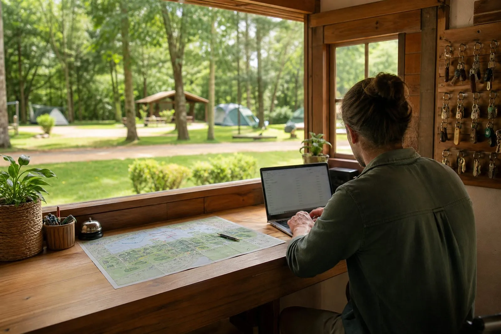 Recepção de camping com o sistema aberto no notebook