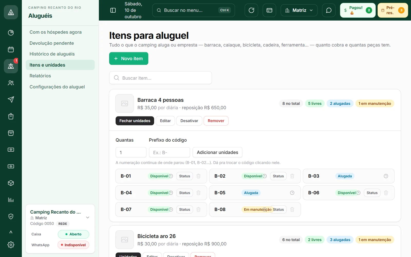 Itens para aluguel: barraca com 8 unidades, 5 livres, 2 alugadas e 1 em manutenção, cada uma com o seu código