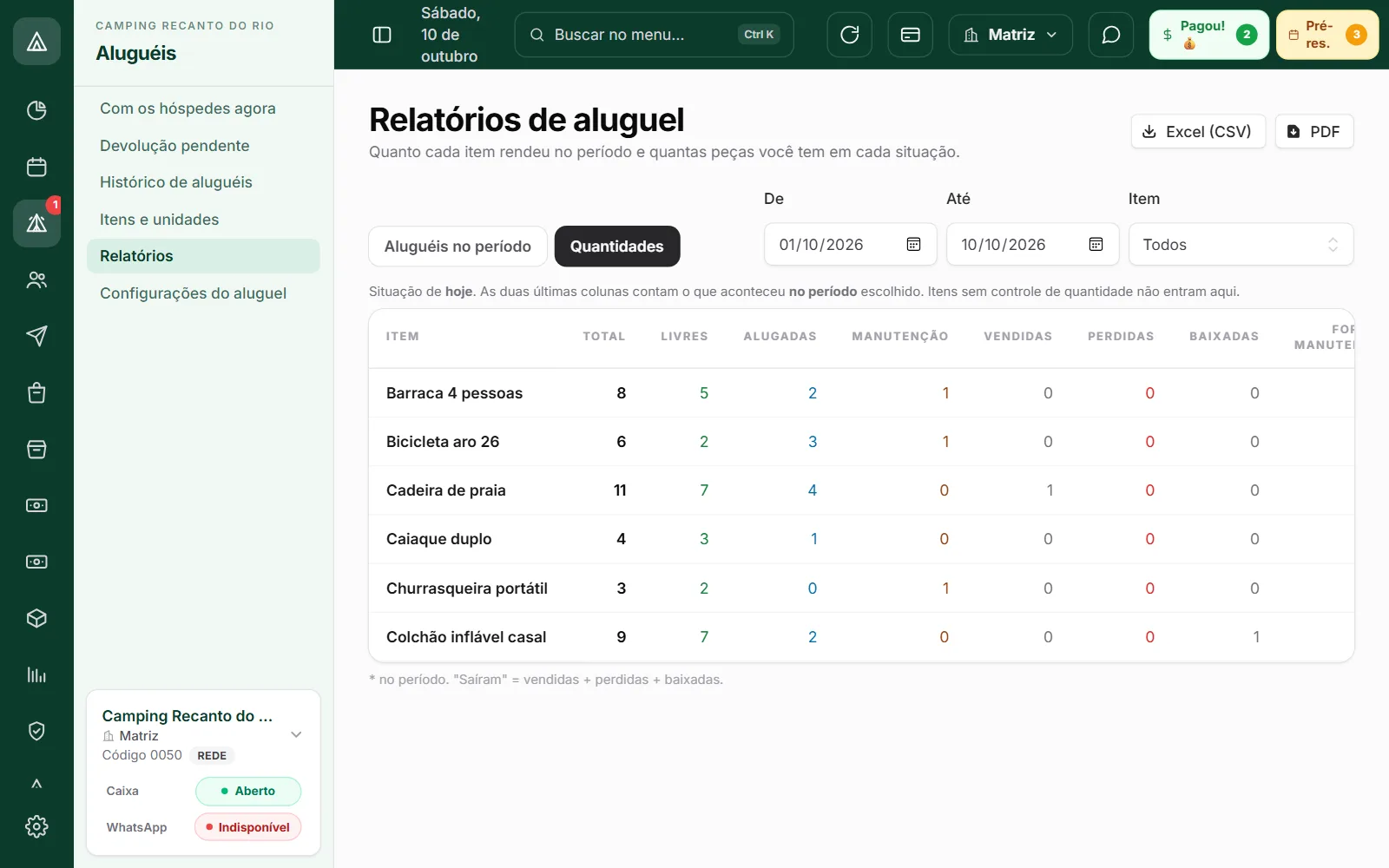 Relatório de quantidades: total, livres, alugadas, em manutenção, vendidas, perdidas e baixadas de cada item