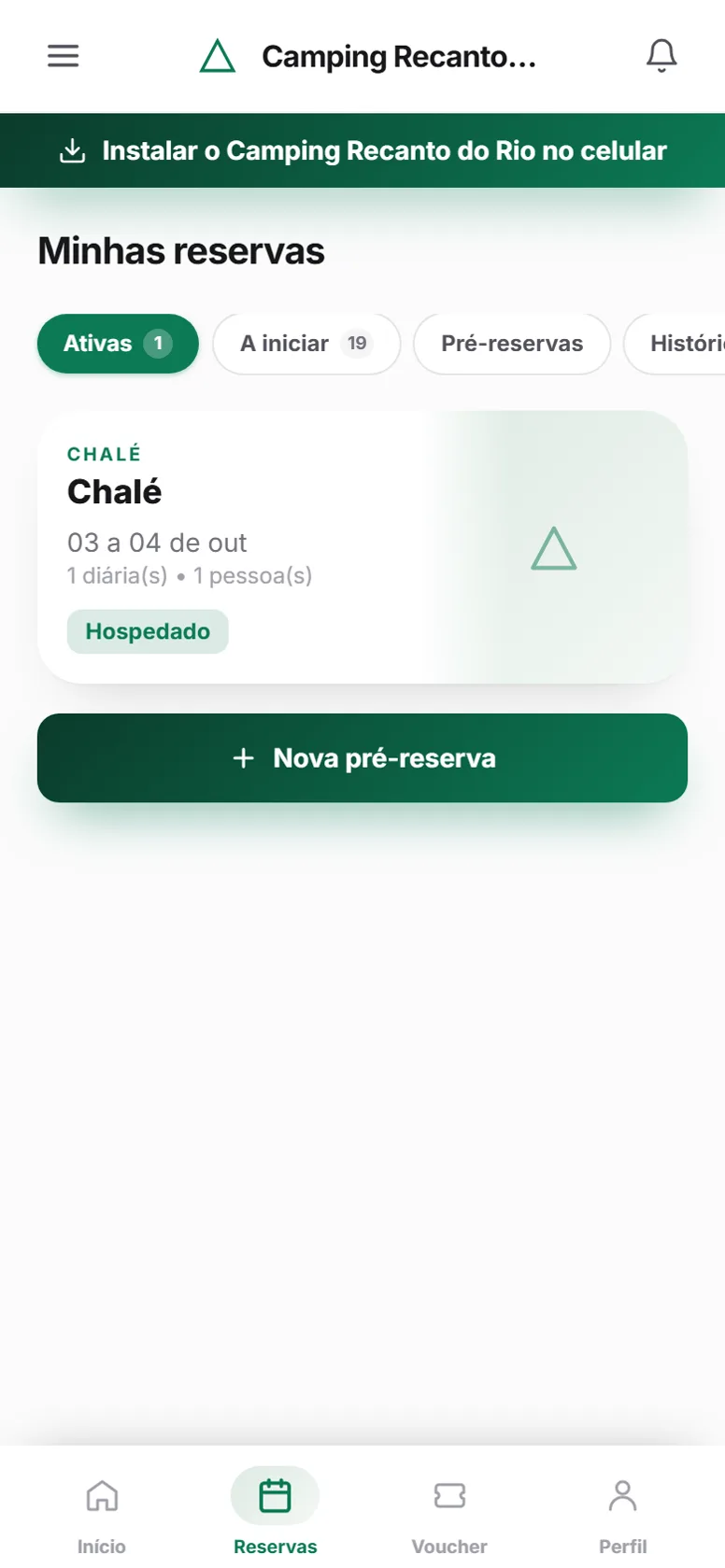 Reservas do hóspede no app do camping