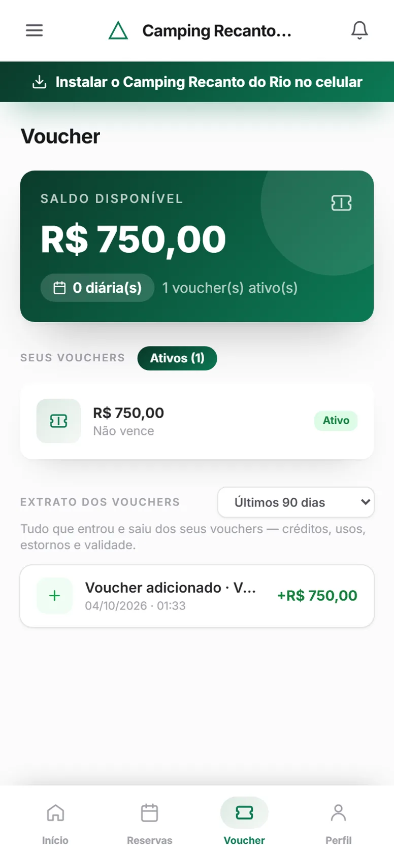 Voucher da reserva no app do hóspede