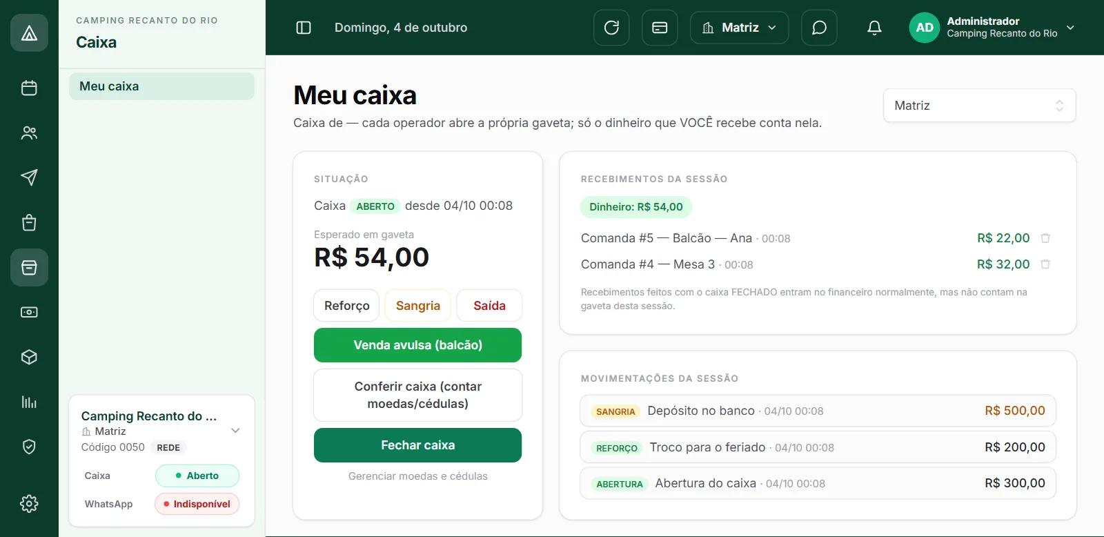 Tela de caixa da recepção com movimentações no CampFlow