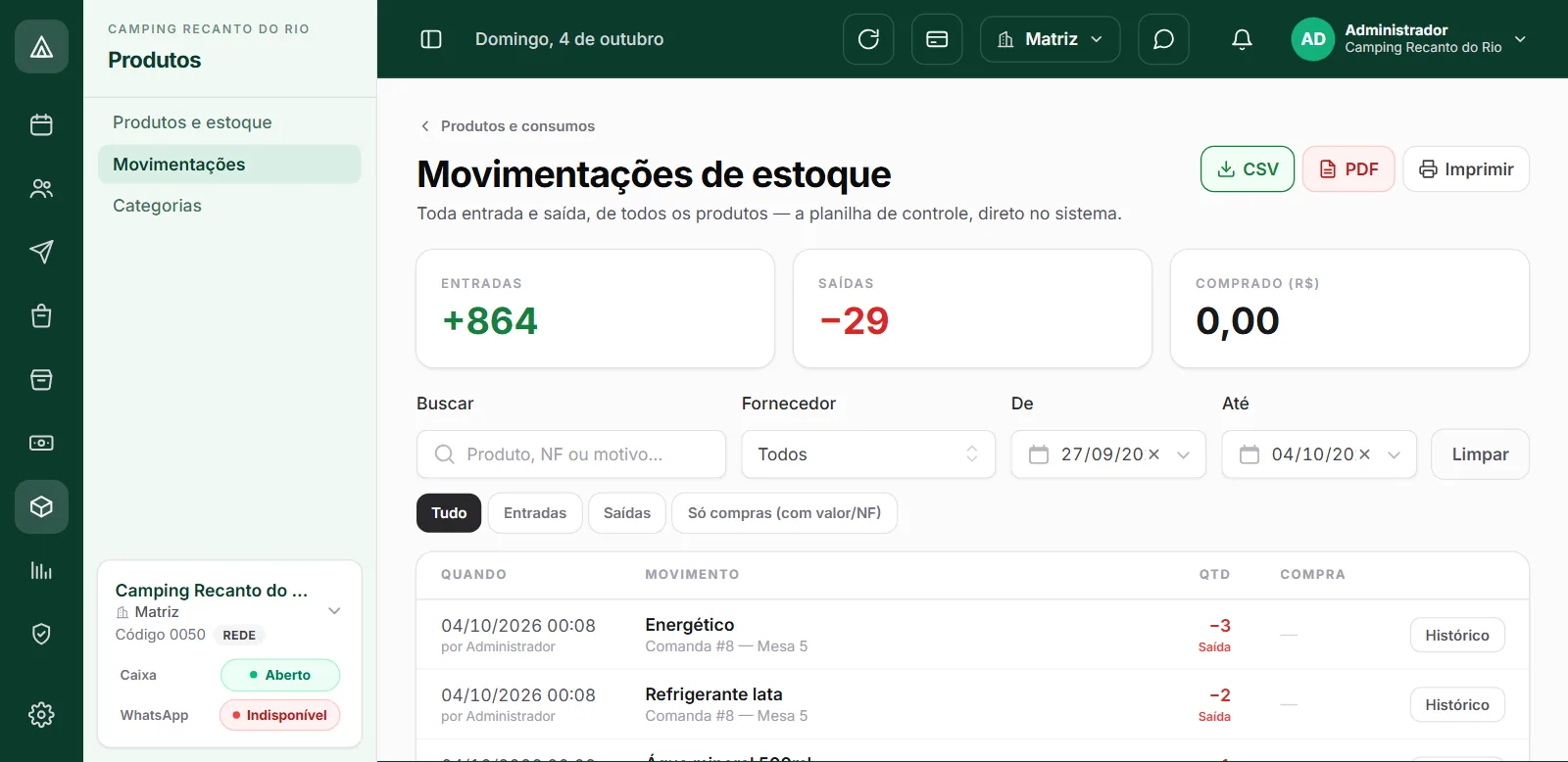 Tela de produtos e estoque do CampFlow