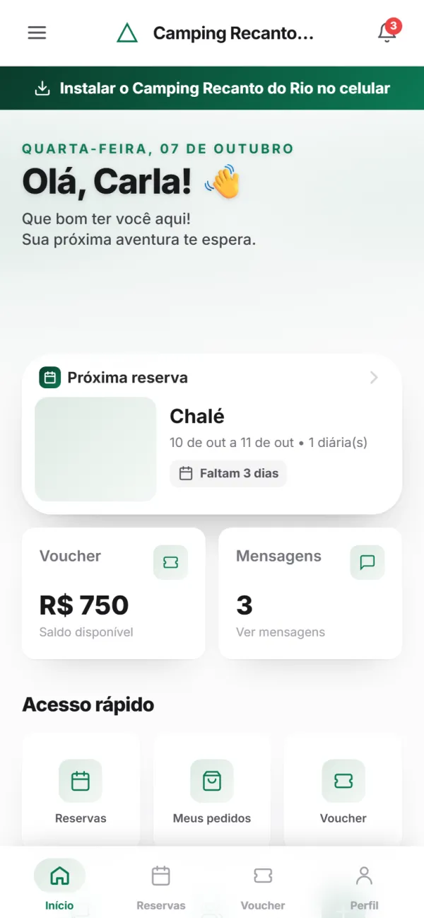 App para hóspedes — Início: próxima reserva, voucher e atalhos