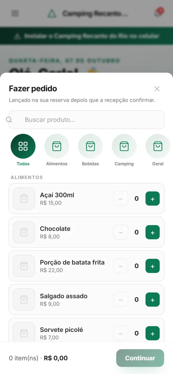 App para hóspedes — Pedido na lanchonete: categorias, carrinho e entrega