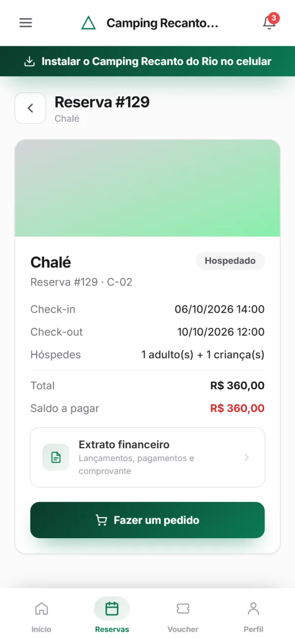 App para hóspedes — Detalhe da reserva: check-in, check-out, total e extrato
