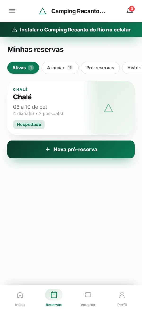 App para hóspedes — Minhas reservas: ativas, a iniciar e histórico