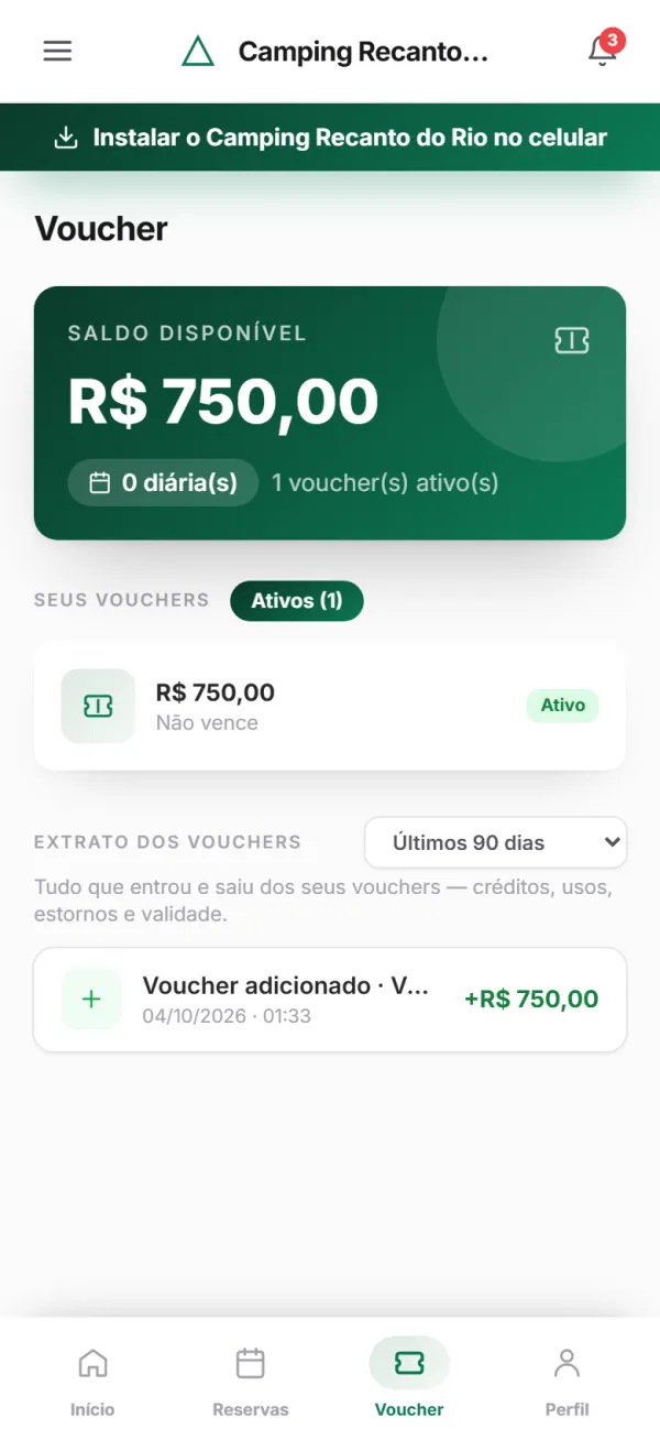 App para hóspedes — Voucher: saldo, vouchers ativos e extrato