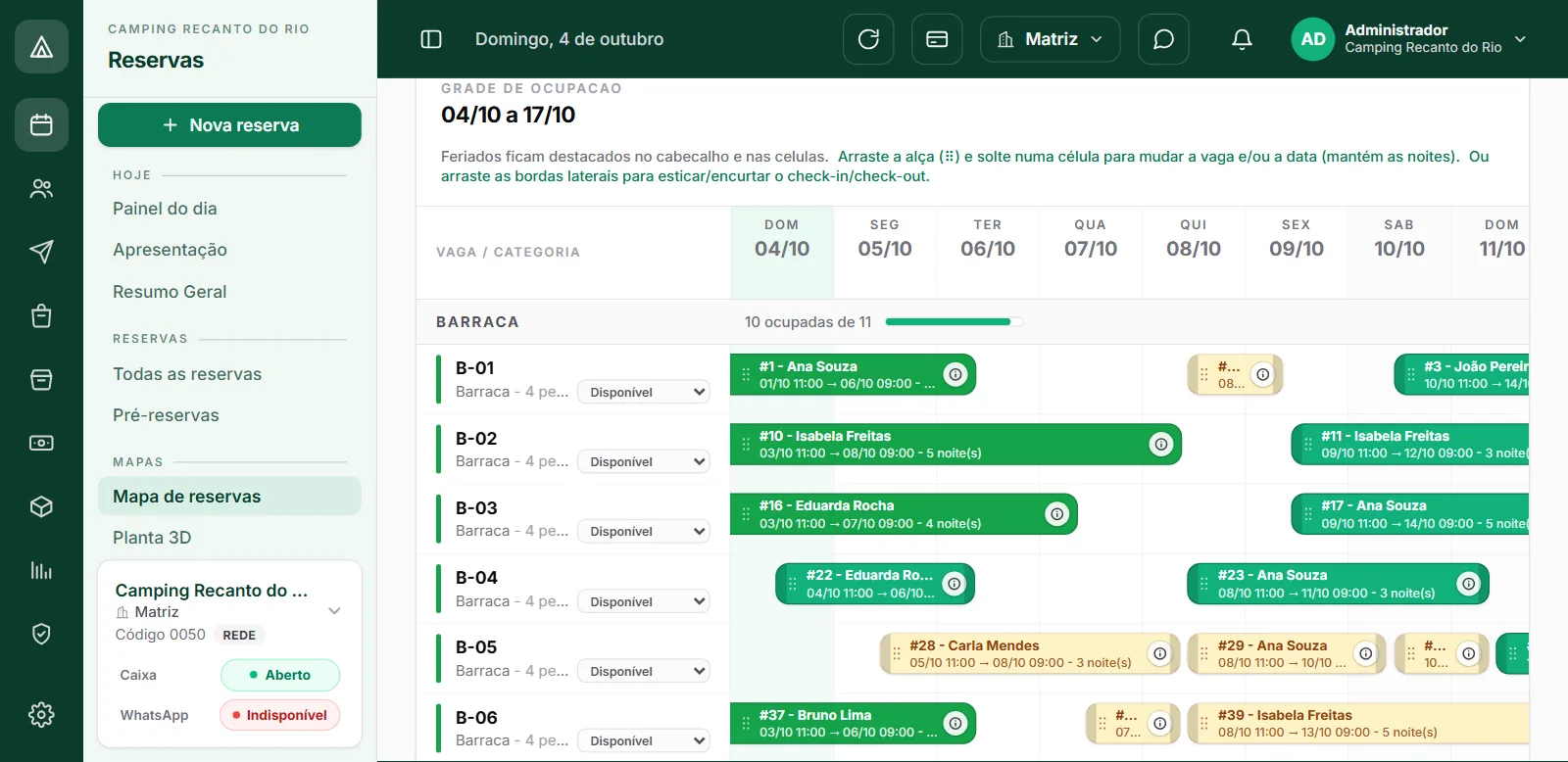 Mapa de reservas do CampFlow com vagas por período
