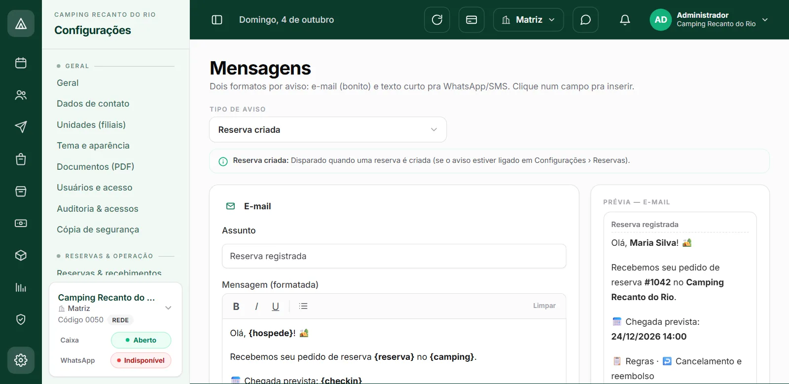 Configuração de mensagens automáticas por e-mail e WhatsApp no CampFlow