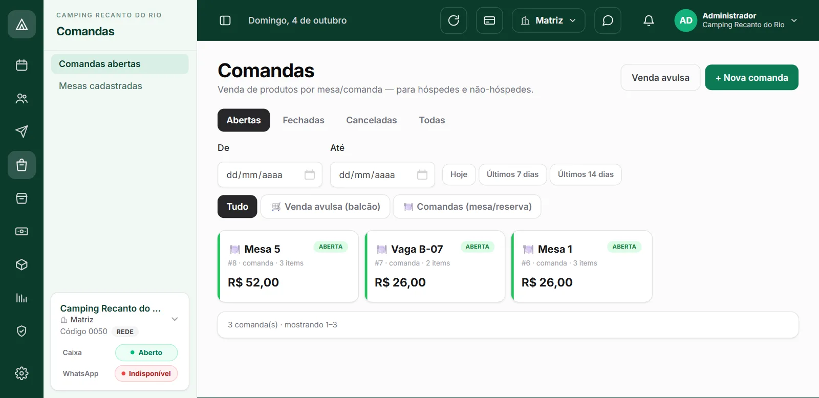 Ponto de venda com comanda aberta no CampFlow