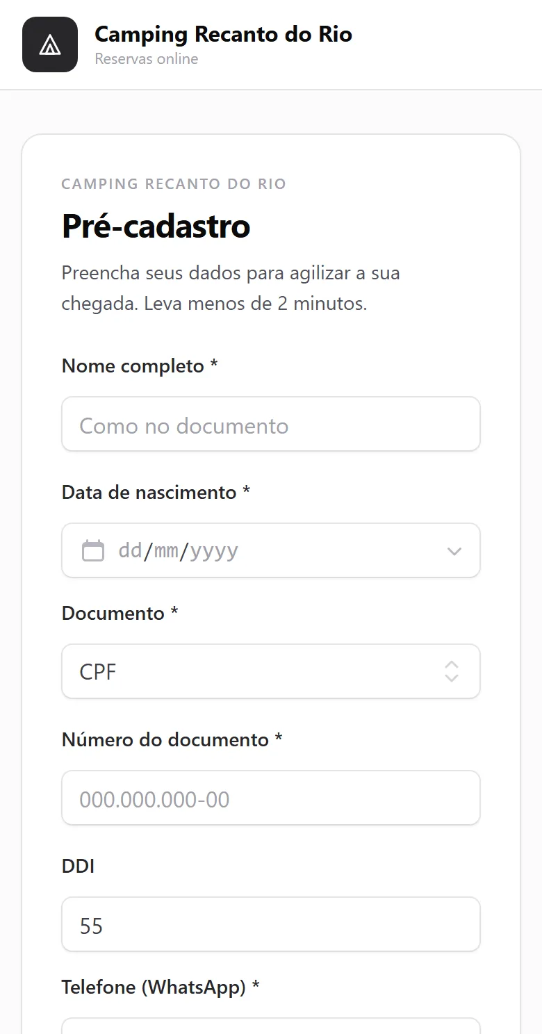 Pré-cadastro do hóspede no celular