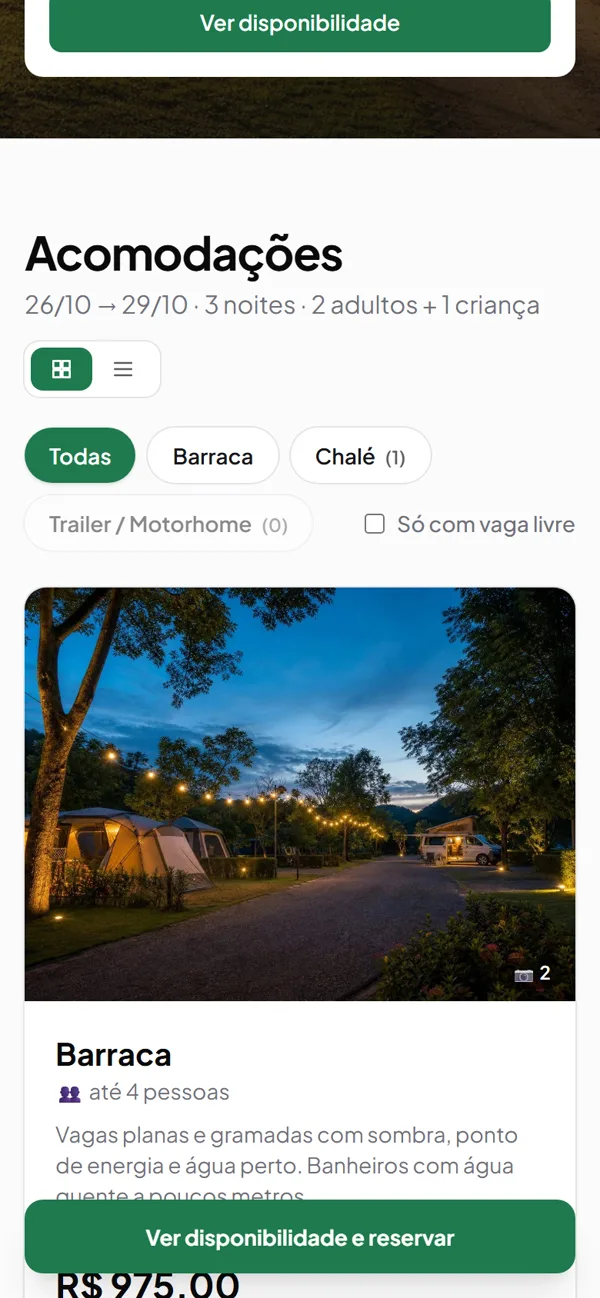 Acomodações do site de reservas no celular com a disponibilidade e o total