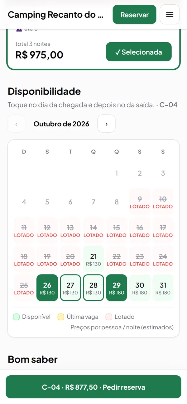 Calendário de disponibilidade do chalé no celular, com o preço de cada noite