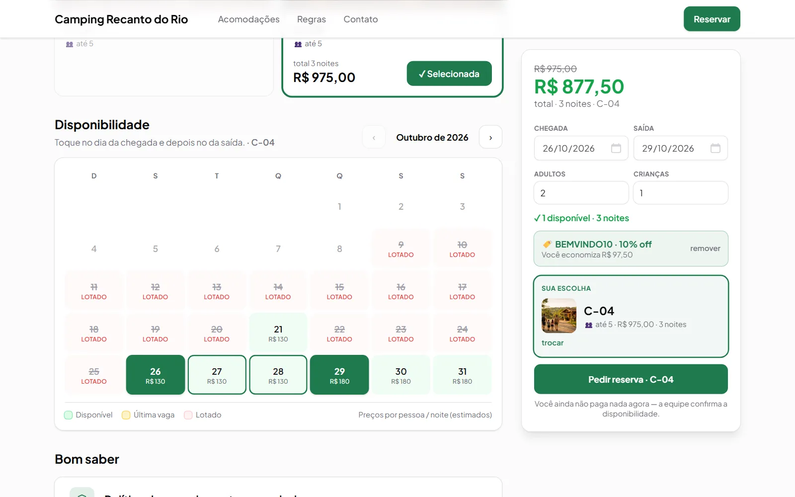 Calendário de disponibilidade do site de reservas com os dias livres, os lotados, o preço de cada noite e o chalé escolhido