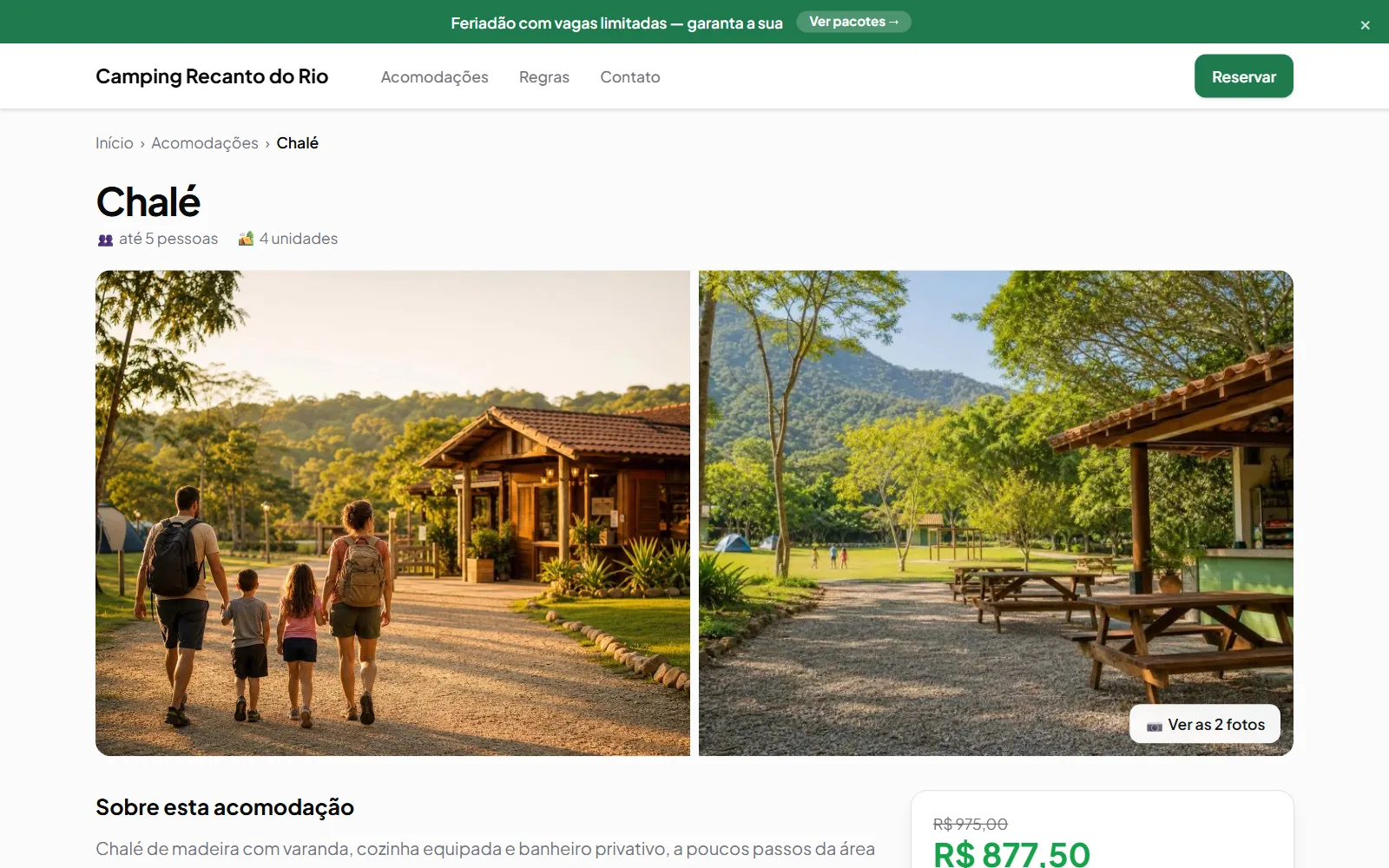 Página de uma acomodação no site de reservas com a galeria de fotos do chalé