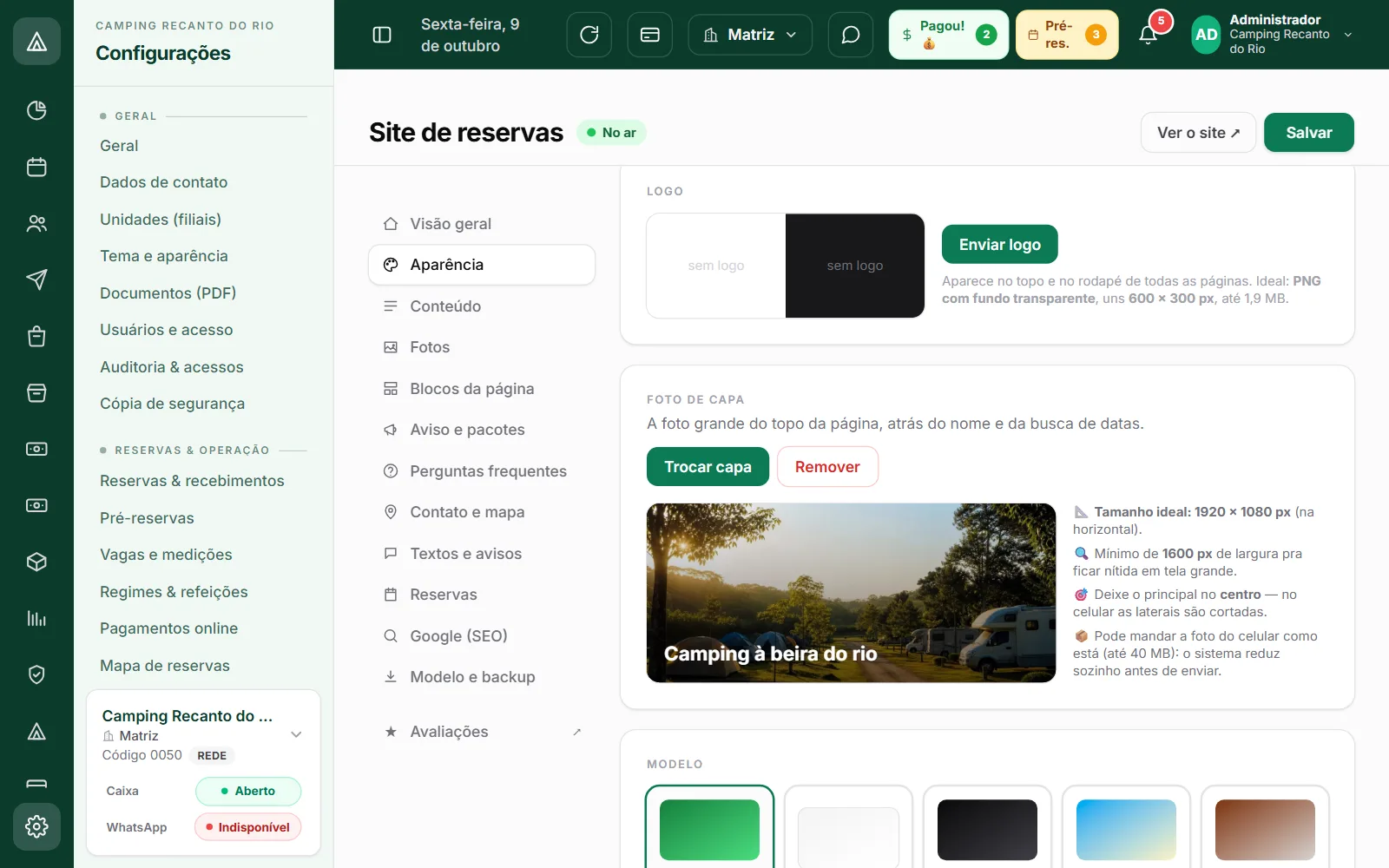 Configuração do site de reservas no sistema: logo, foto de capa com o tamanho ideal e modelos de aparência