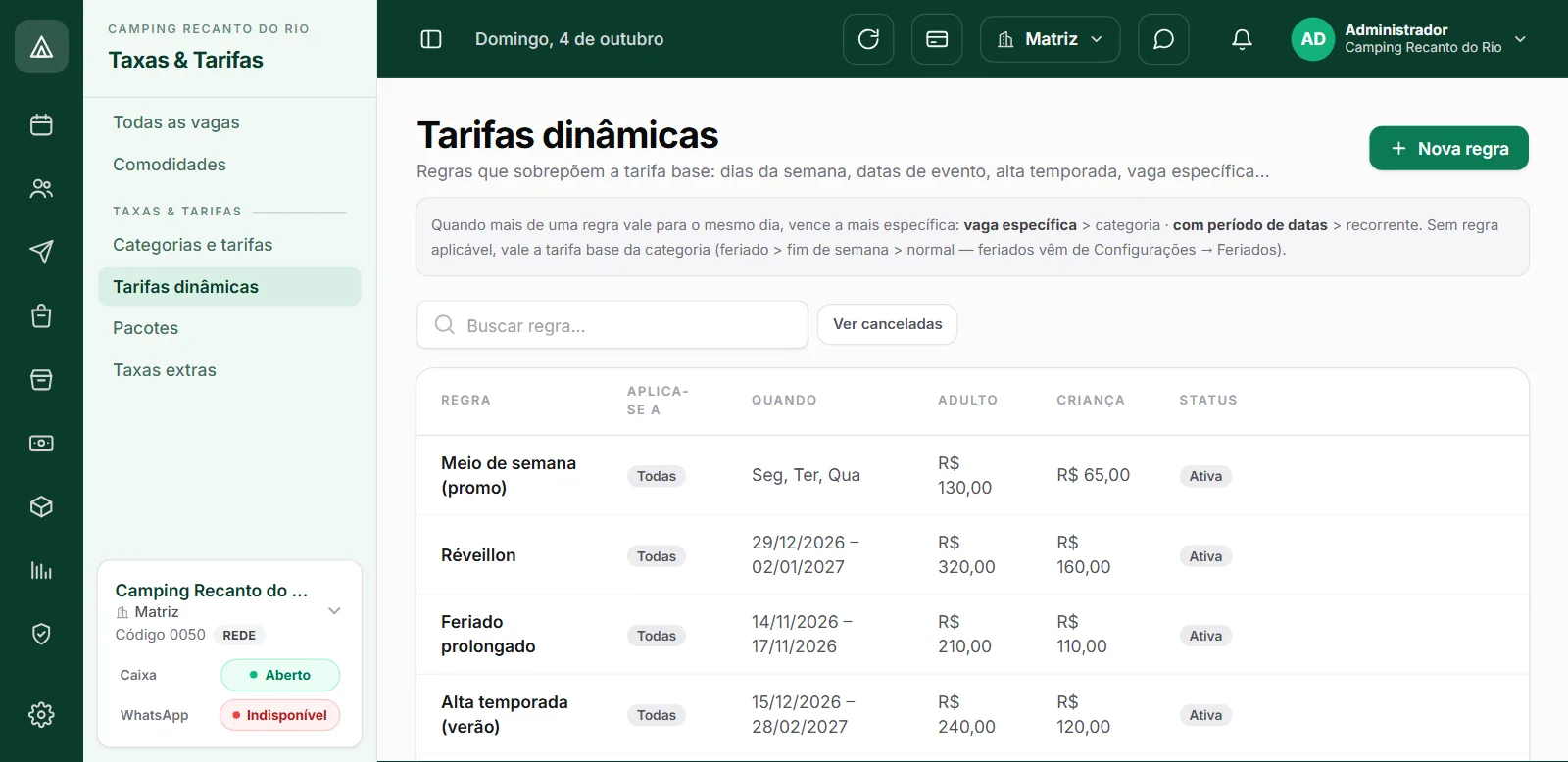 Tela de tarifas por período e regra no CampFlow
