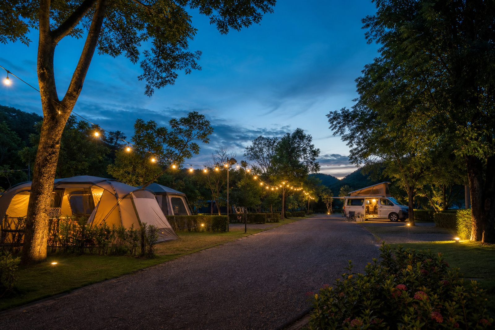 Camping ao anoitecer com barracas iluminadas por varal de luzes e um motorhome na vaga