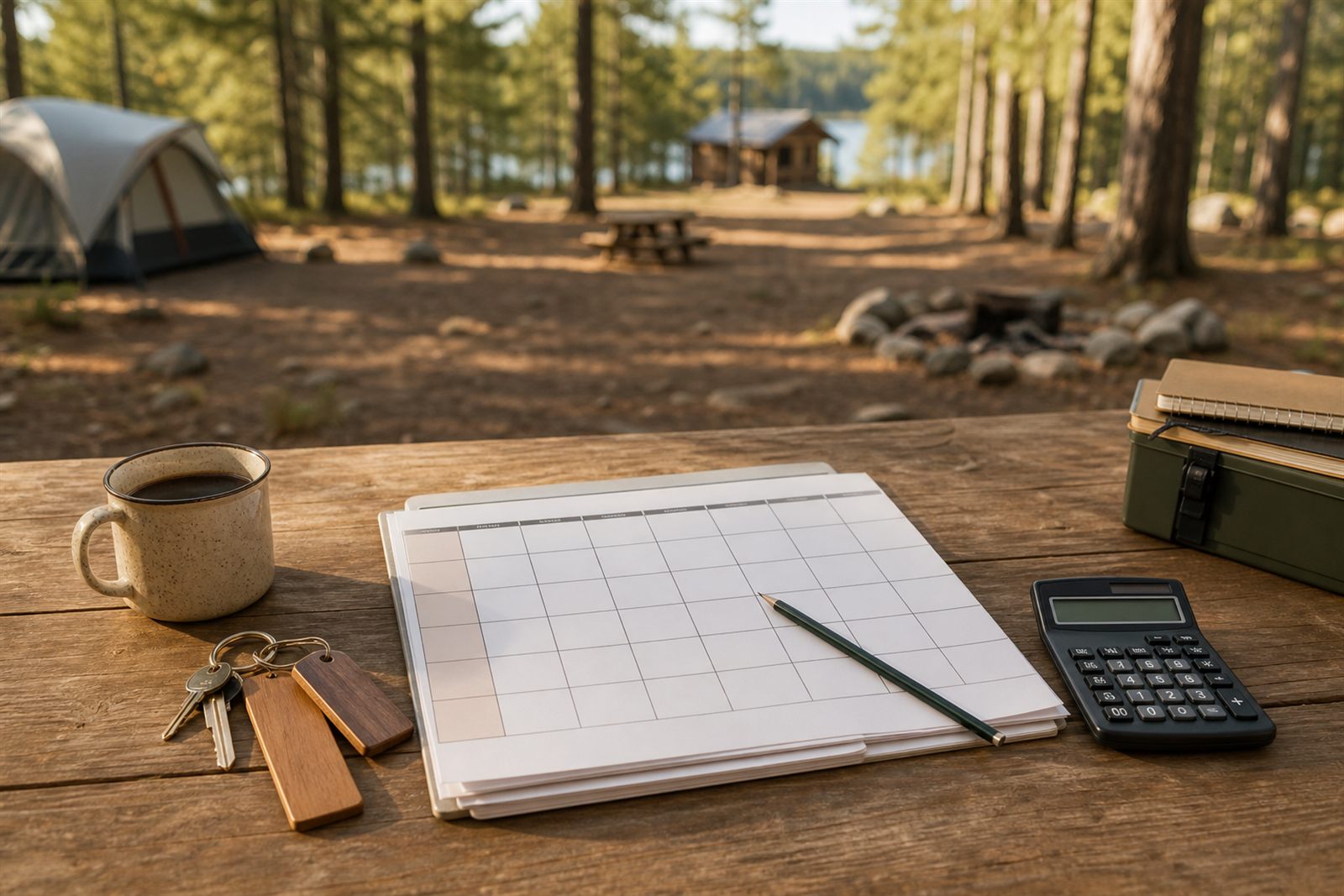 Mesa com calendário e calculadora usados no planejamento de um camping