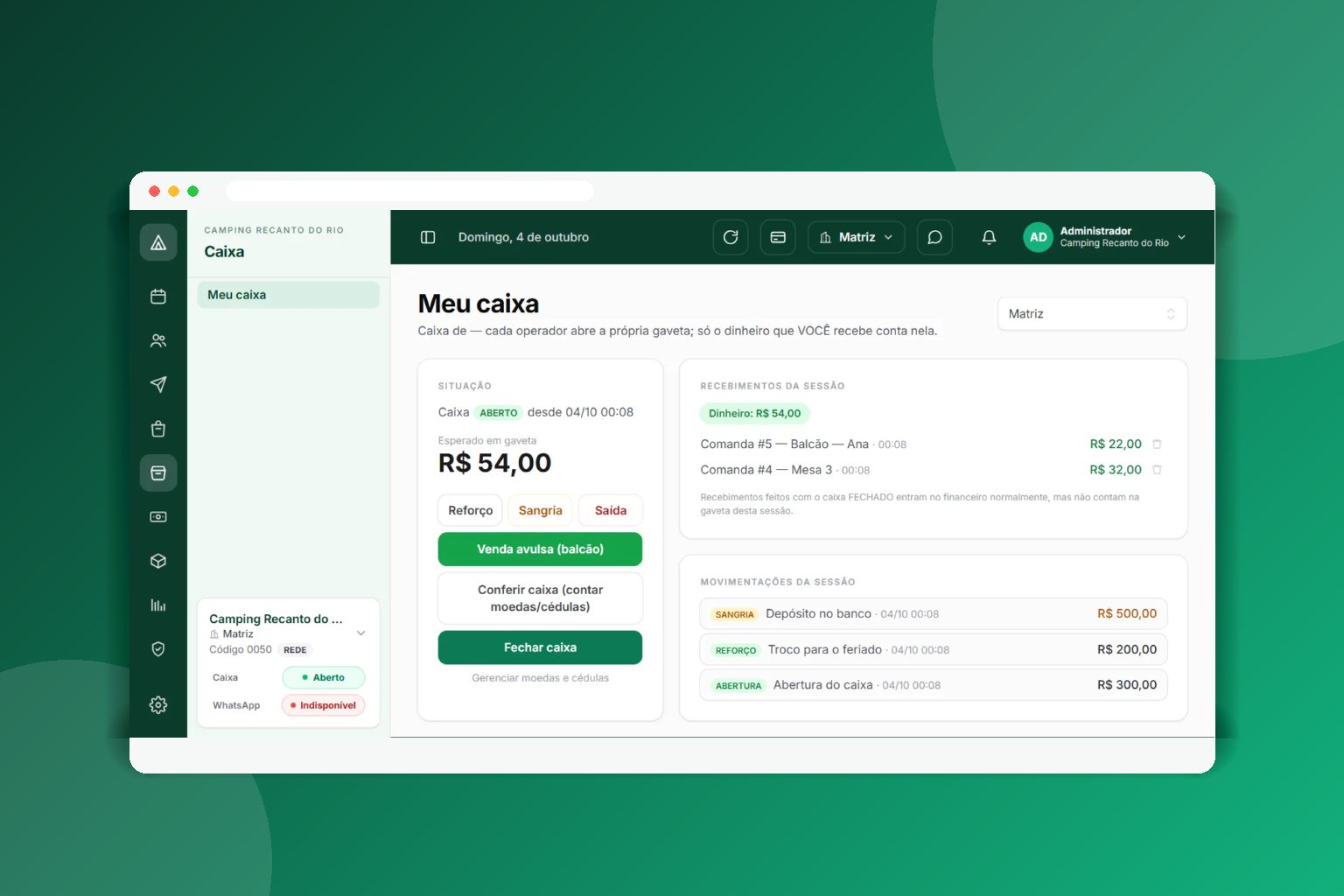 Tela de caixa da recepção com abertura, movimentações e fechamento no CampFlow