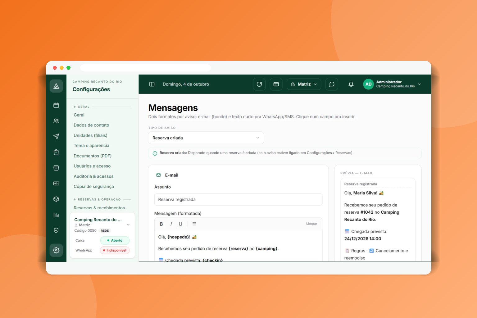 Mensagens automáticas por e-mail e WhatsApp configuradas no CampFlow