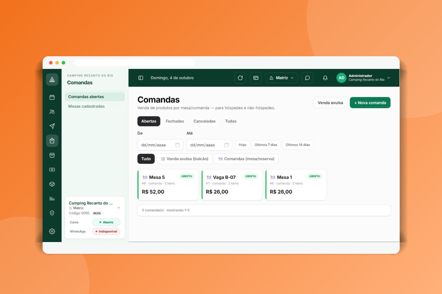 Ponto de venda com comanda da estadia aberta no CampFlow