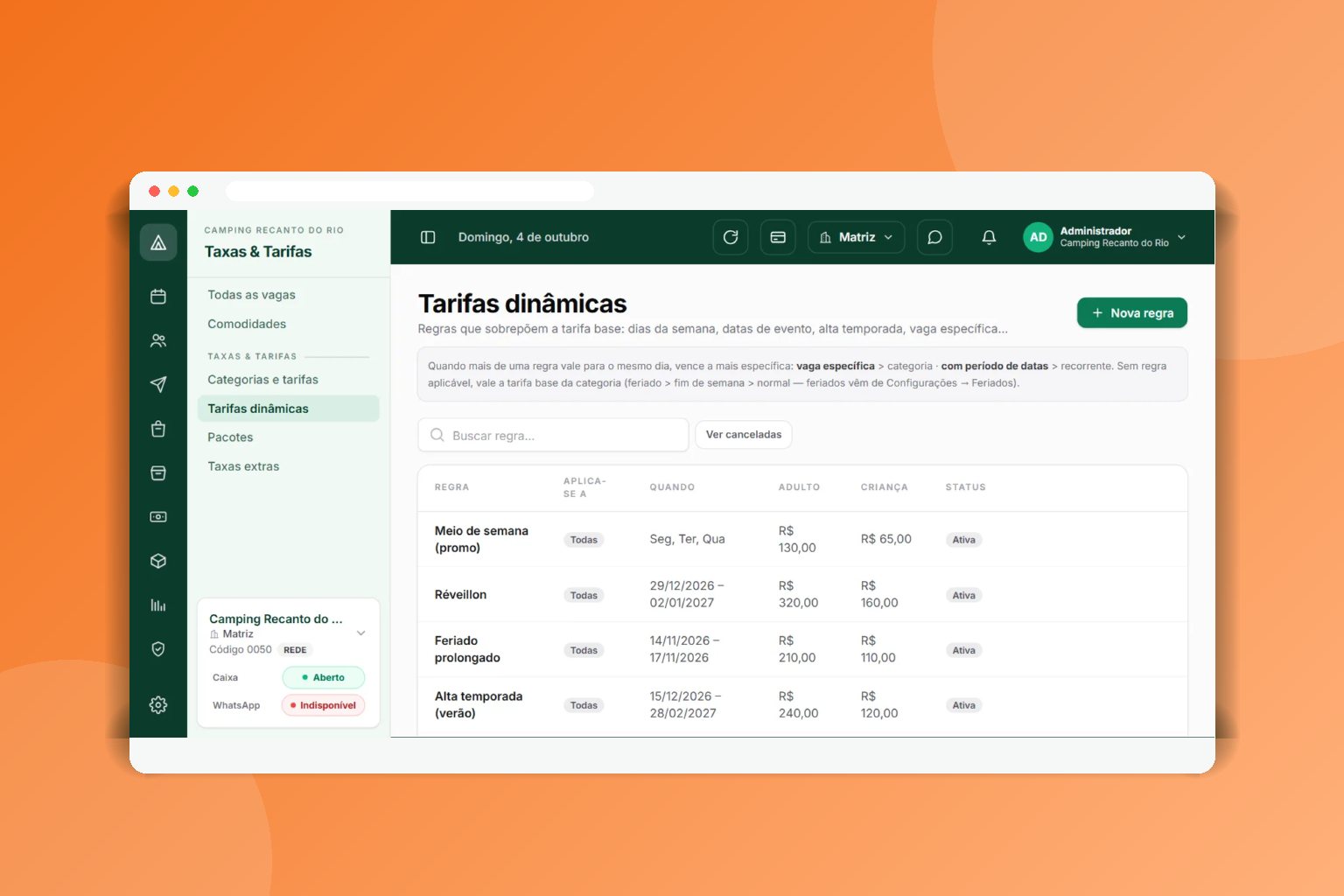 Tela de tarifas por período e feriado no CampFlow